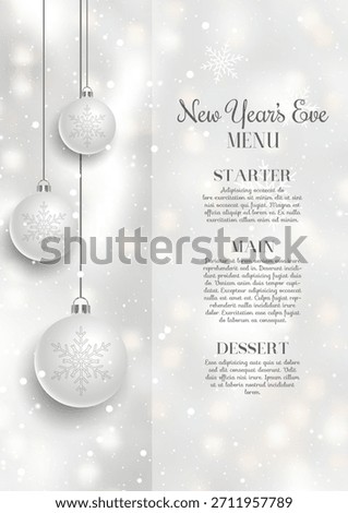 Decorative New Years Eve menu design with a hanging baubles design