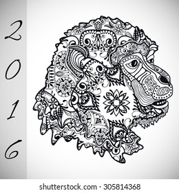 Decorative New Year's monkey with hand drawn ornament. Symbol of 2016 year.