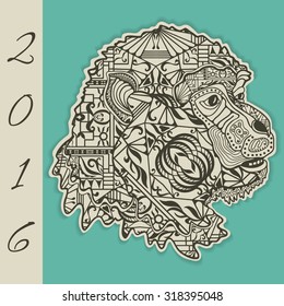 Decorative New Year's monkey with hand drawn ornament in cut out style with shadow. Symbol of 2016 year