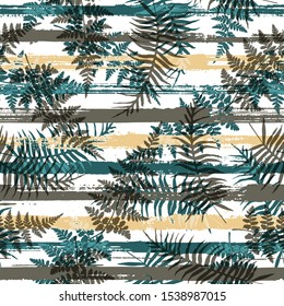 Decorative new zealand fern frond and bracken grass overlapping stripes vector seamless pattern. South african exotic foliage clothing fabric print. Tropical leaves silhouettes wallpaper.