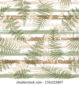 Decorative new zealand fern frond and bracken grass overlapping stripes vector seamless pattern. South african exotic foliage beach fashion fabric print. Floral tropical leaves seamless design.