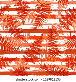 Decorative new zealand fern frond and bracken grass overlapping stripes vector seamless pattern. Indonesian forest foliage beach fashion fabric print. Tropical leaves and stripes seamless.