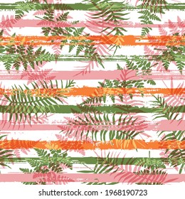Decorative new zealand fern frond and bracken grass over painted stripes seamless pattern design. Hawaiian exotic foliage clothing fabric print. Tropical leaves silhouettes wallpaper.