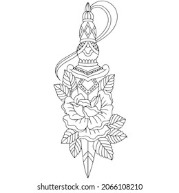 Decorative nife with flower coloring book for adults vector illustration. Anti-stress coloring for adult. Black and white lines. Vector.