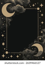 A decorative night-themed frame built with celestial elements, combining crescent moons, soft clouds, and scattered stars into a balanced border composition. The artwork features a dark central space surrounded by detailed golden accents, creating a rich contrast that draws attention inward while maintaining a calm and mystical atmosphere. The flowing cloud forms and glowing star shapes add depth and movement, giving the composition a dreamy and slightly vintage character.

The arrangement is carefully structured to leave a clean open area in the center, making it highly practical for placing text, titles, invitations, or promotional content. The warm gold tones against the deep background create a premium visual feel, making this piece suitable for elegant designs and special occasions. The celestial theme adds a sense of wonder and calm, making it especially fitting for nighttime visuals, spiritual themes, and seasonal celebrations.

This illustration works well for greeting cards, event invitations, social media posts, posters, and decorative layouts where a refined and atmospheric style is needed. It can also be used in branding, packaging, and digital content that aims to create a soft, magical, or luxurious mood. The balanced combination of stars, moons, and clouds ensures versatility while keeping the composition visually engaging.

As a fully scalable vector, the artwork can be resized or recolored without losing quality, making it suitable for both print and digital use. The clean edges and detailed elements maintain clarity across different formats and resolutions.

A visually rich and elegant celestial frame that blends decorative detail with a calm night atmosphere, offering a versatile and premium solution for creative projects that require a magical and refined look.