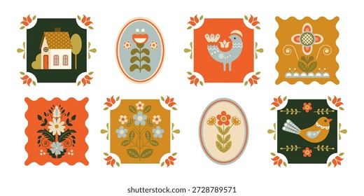 Elementos folclóricos nórdicos decorativos con pájaros, adornos florales y geométricos. Perfecto para el diseño artesanal y la decoración navideña. Ilustración vectorial étnica.