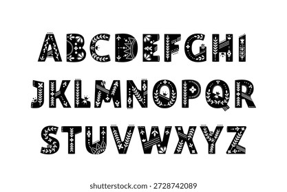 Colección de tipografía nórdica decorativa con alfabeto inglés en estilo escandinavo popular. Plantillas negras letras adornadas adornos de arte floral con motivos étnicos tradicionales Ilustración vectorial