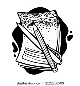 Decorative notebook for notes with stationery where a pen with a pencil on an ink spot in the style of black and white doodles