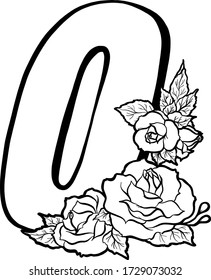 Decorative number 0 for coloring. Coloring book page, element of creativity. The figure with roses. Vector digit isolated on white background.