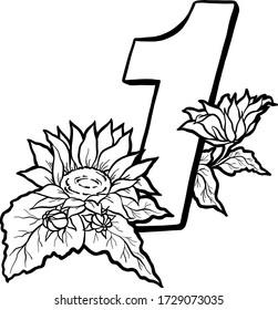 Decorative number 1 for coloring. Coloring book page, element of creativity. Figure with a sunflower. Vector digit isolated on white background.