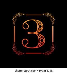 Decorative number 3 with abstract frame isolated on black background