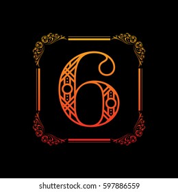 Decorative number 6 with abstract frame isolated on black background