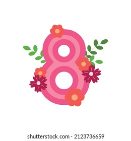 Decorative number to 8 march with leaves and flowers isolated on white background. Template for card, banner, invitation, promo. Flat vector illustration