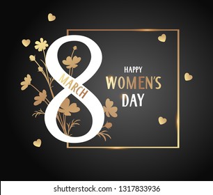 Decorative number 8 with spring flowers on black background. 8 march card. Happy Womens day. Vector illustration