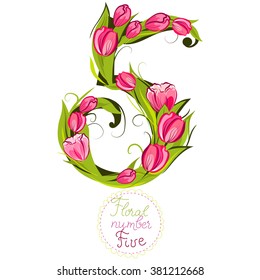 Decorative number five , made with tulips, vector illustration, part of collection floral numbers and letters