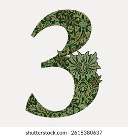 Decorative number three with floral patterns. Intricate floral design on number three. Elegant number three with vintage floral motifs. Vintage font isolated vector.