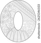 Decorative Number Zero Coloring Page, Black and white line art illustration of the number zero (0) filled with various intricate patterns including floral elements, geometric shapes, lines, and