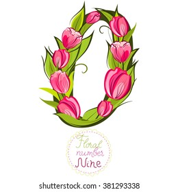 Decorative number zero , made with tulips, vector illustration, part of collection floral numbers and letters