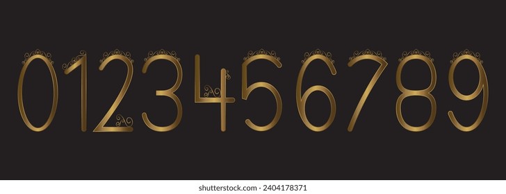Números decorativos de 1 a 9 con color de color dorado oscuro de la corona Estilo de vintage Fondo negro
