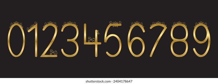 Decorative Numbers 1 to 9 with Crown Gold Color Vintage Style Black Background
