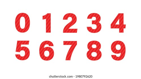 Decorative numbers for holiday cake set striped. Vector flat illustration. Red numbers isolated on white background.