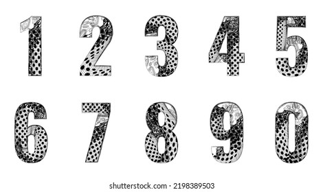 Decorative numbers from one to nine. Number Set with abstract texture, polka dot and grid pattern. Digits 1, 2, 3, 4, 5, 6, 7, 8, 9, 0. For greeting card for wedding, birthday, anniversary.