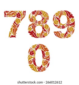 Decorative numerals with natural orange pattern. Flowery digits, calligraphic numbers.