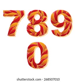 Decorative numerals with natural pattern. Flowery digits, calligraphic numbers. 7, 8, 9, 0