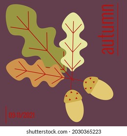 Decorative oak twigs and acorns. Seasonal Autumn promotion banner. Decorative illustration of fallen leaves. Vector illustration for advertising poster design.
