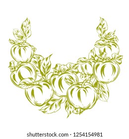 Decorative object with apples and leaves. Stylized hand drawn fruits.