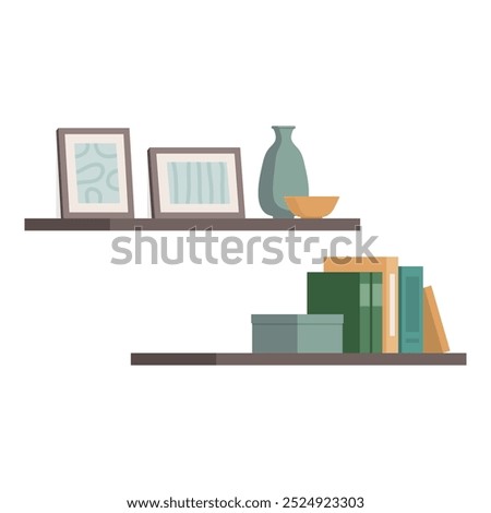 Decorative objects and books on shelves, home decor concept, isolated