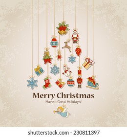 Decorative objects in fir tree silhouette. Merry Christmas and Happy New Year sticker label decorations modern style vector postcard template. Stylish concept icons set of Xmas and winter holidays.