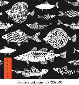 Decorative ocean fish pattern seamless in vector. Japan sea fish illustration in vector.