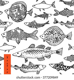 Decorative ocean fish pattern seamless in vector. Japan sea fish illustration in vector.