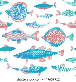 Decorative ocean fish pattern seamless in vector. Japan sea fish illustration in vector.