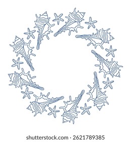 Decorative ocean-themed circle design featuring shells and starfish in a minimalist style