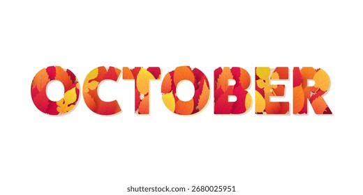 Tipografia de outubro decorativo ou design de banner, modelo com folhas coloridas. Cores: Vermelho, Laranja, Marrom - Modelo de Vetor Design Isolado no Fundo Branco - Elemento de Design para Calendário ou Web