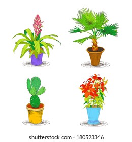Decorative office interior flower palm cactus plant icons set isolated sketch vector illustration