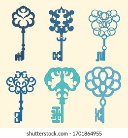 Decorative old keys with monograms and curls. Blue. Vector illustration. Set.