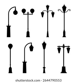 Decorative old street light posts silhouette for urban isolated on white background. Vector stock