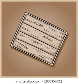 Decorative old wooden rustic tray doodle illustration. Top view hand drawn tray. Vector image on brown table background