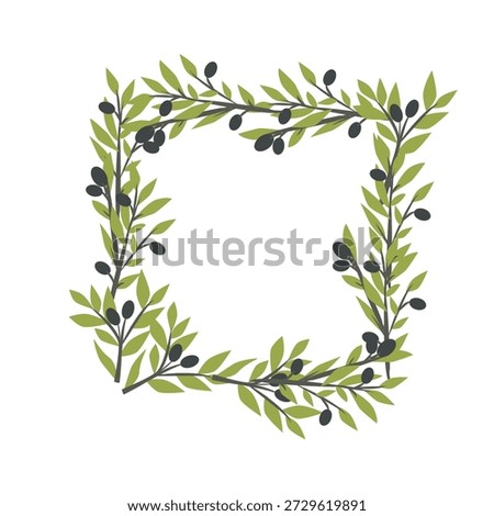 Decorative olive branch frame in flat vector style. Square botanical wreath made of olive leaves and olives, suitable for invitations, logos, packaging, branding, wedding stationery, and Mediterranean-themed designs.