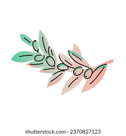 Decorative olive branch isolated. Greek symbol. Element with color gradient and outline. Mythological icon. Hand drawn. Vector illustration.