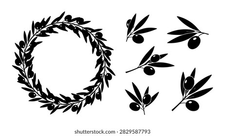 Decorative olive branch wreath and branches with olives, symbolizing peace, nature, and Mediterranean culture, isolated on a white background.