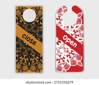 Sinal de fechamento aberto decorativo com desenho de padrão étnico abstrato
