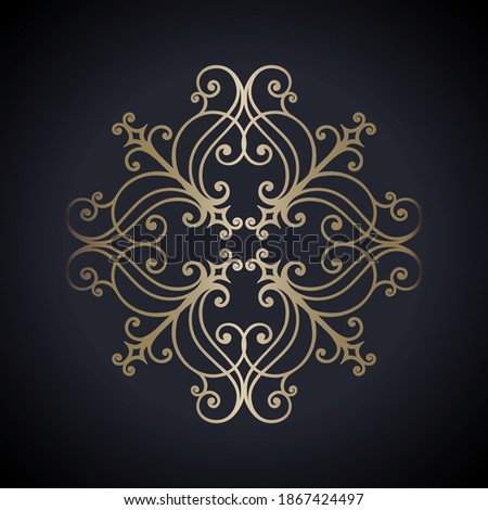 Decorative, openwork, gold ornament on a black background. Elegant element for design. Vector.