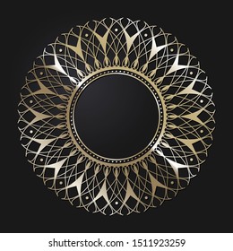 Decorative openwork round frame with gold abstract floral pattern. Circular ornament. An elegant element for design. Vector.