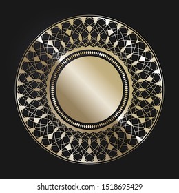 Decorative openwork round frame with gold abstract floral pattern. Circular ornament. An elegant element for design. Vector.