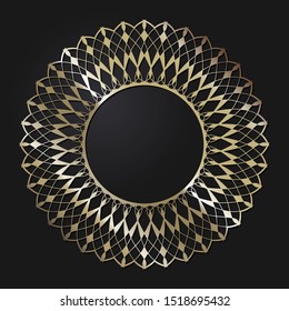 Decorative openwork round frame with gold abstract floral pattern. Circular ornament. An elegant element for design. Vector.