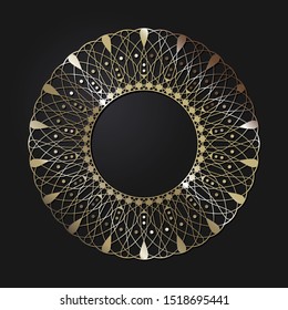 Decorative openwork round frame with gold abstract floral pattern. Circular ornament. An elegant element for design. Vector.